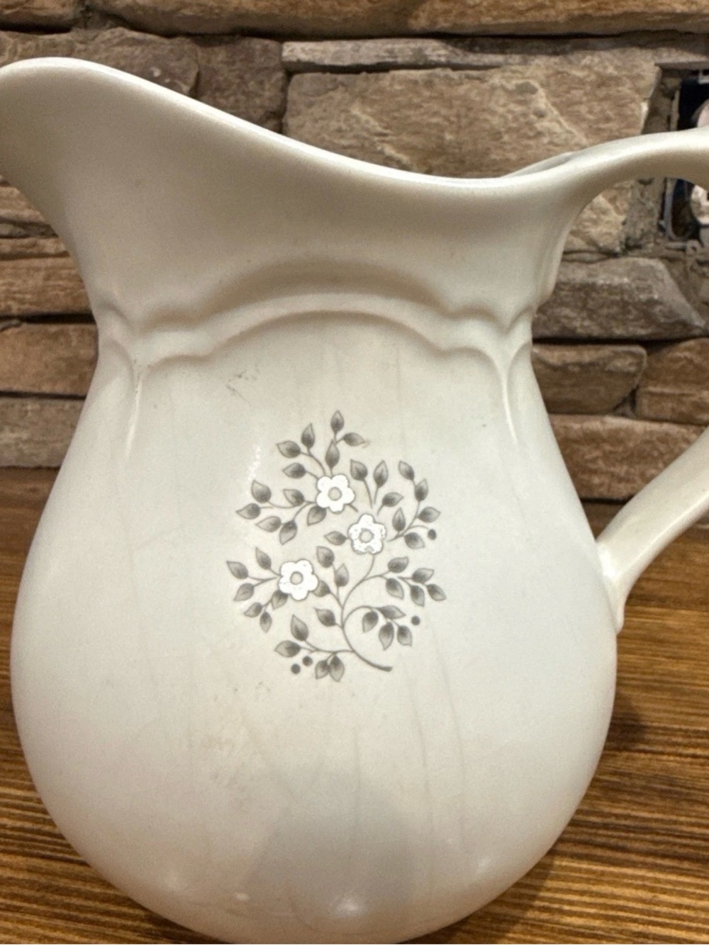 Pfaltzgraff White Ceramic Pitcher with Gray Floral Design. Cottagecore decor.